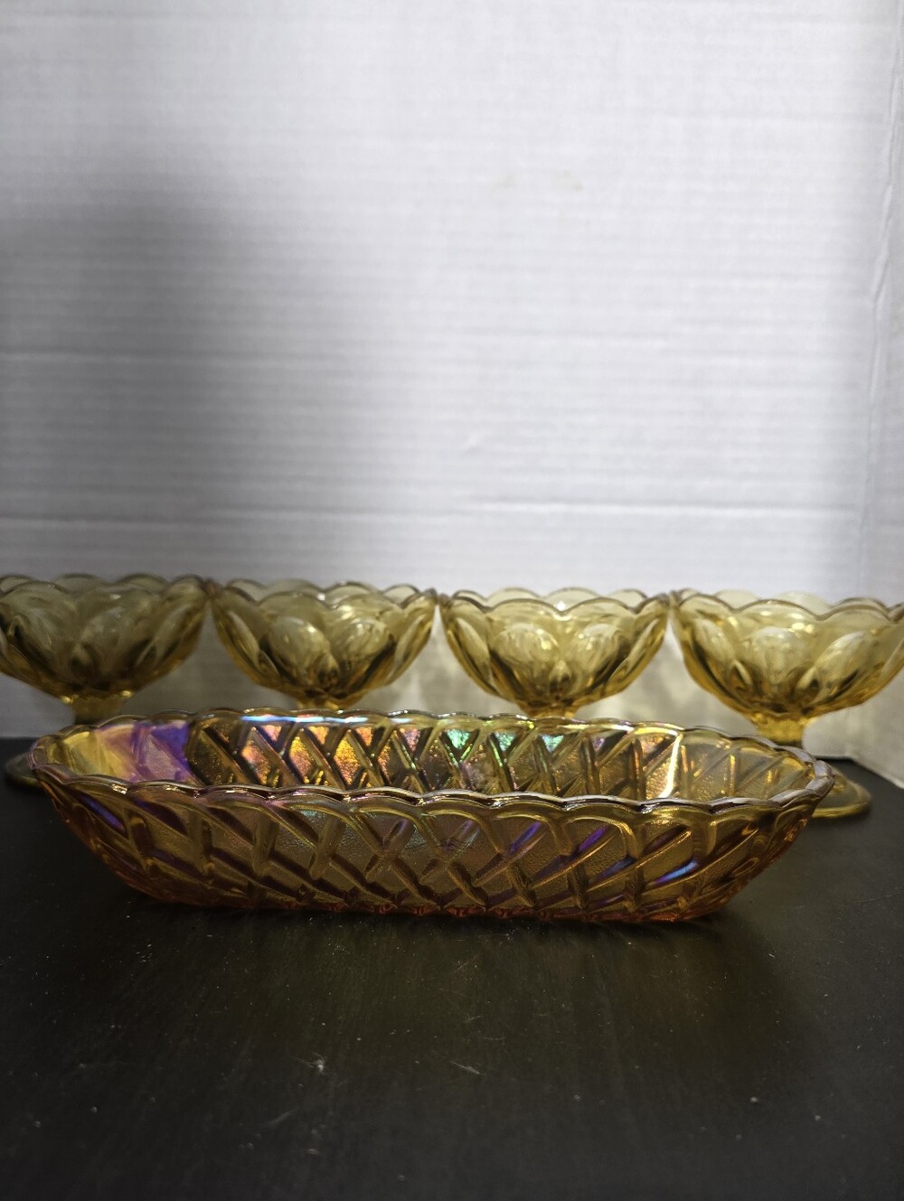 Indiana Glass Company Amber Carnival Glass Celery Dish Anchor Hawking Compotes